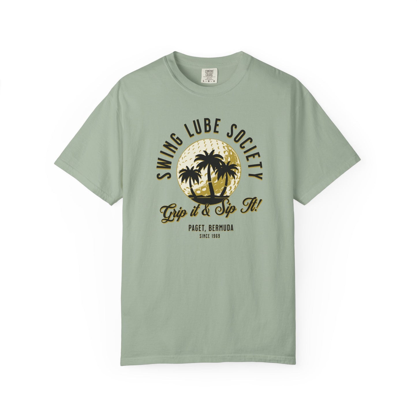 Swing Lube Society Palm Sunset T-Shirt – “Grip it & Sip It” Vintage Beach Tee