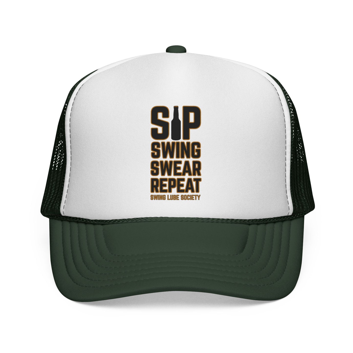 "Sip Swing Swear Repeat" Golf Trucker Hat - Swing Lube Society Statement Headwear