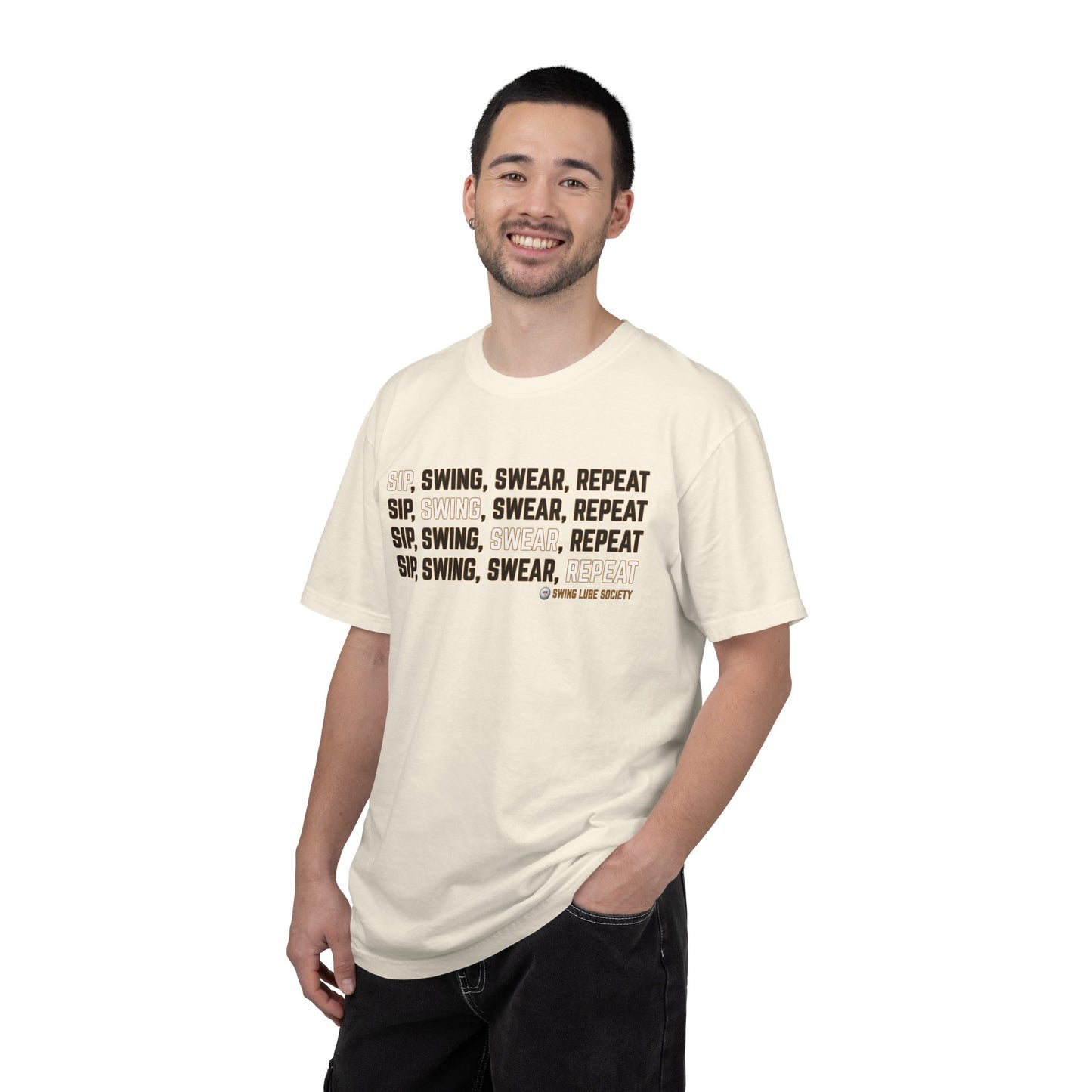 "Sip, Swing, Swear, Repeat" T-Shirt - Swing Lube Society Signature Apparel