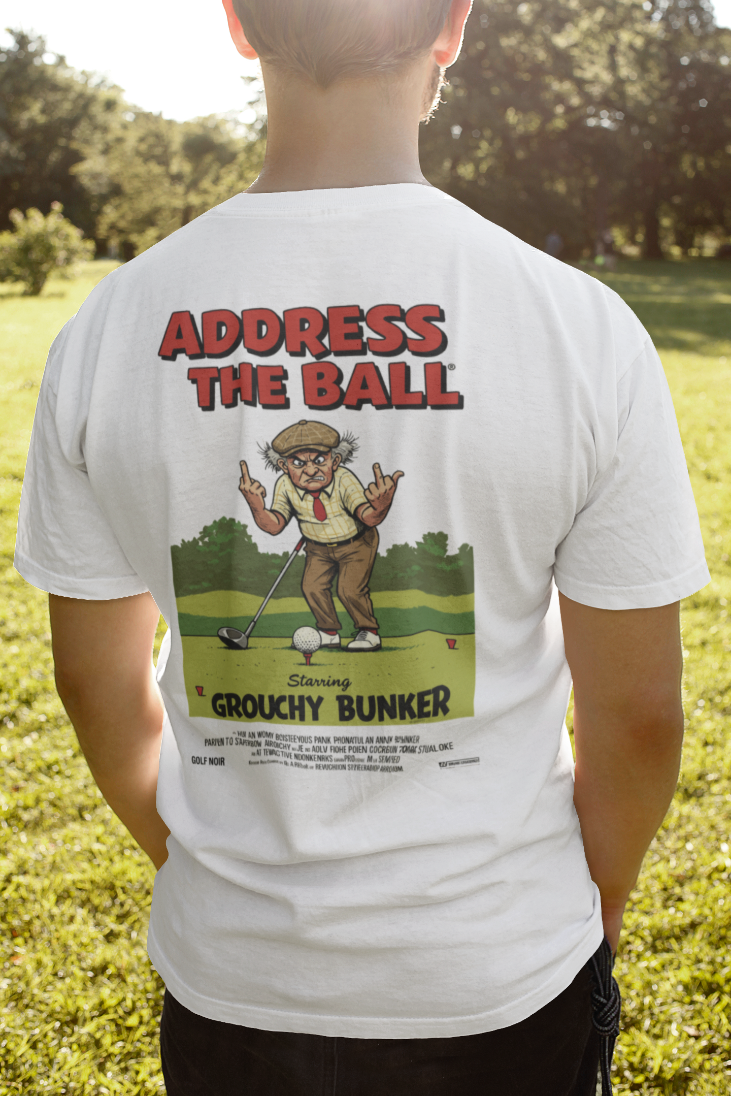 ADDRESS THE BALL T-Shirt - Starring GROUCHY BUNKER