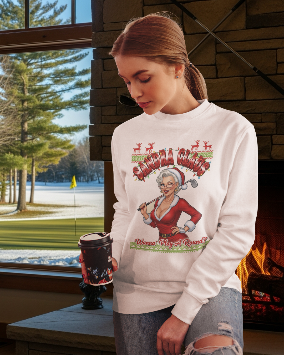 SANDRA CLAUS Ugly Christmas Sweatshirt — "Wanna Play a Round?"