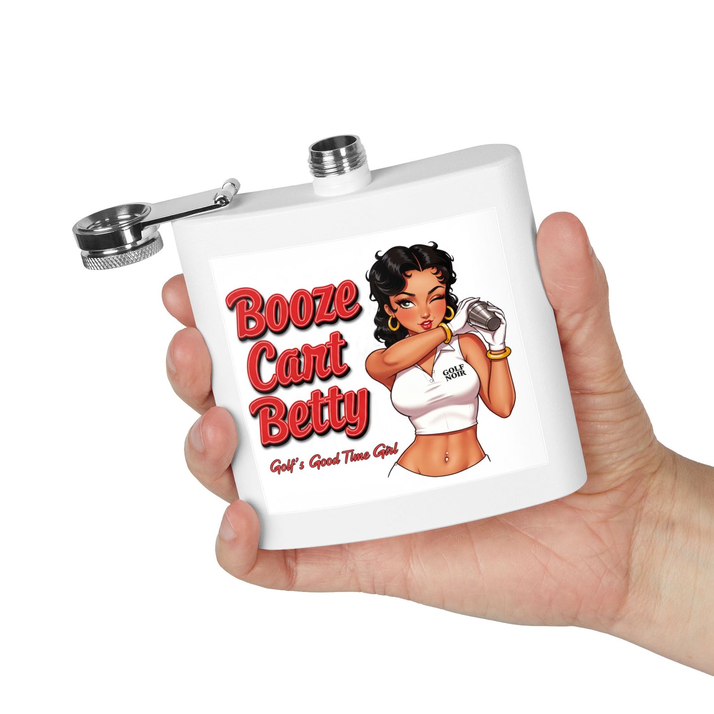 Booze Cart Betty Stainless Steel Flask - "Golf's Good Time Girl"