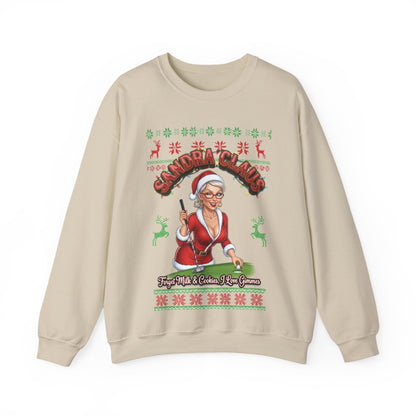 SANDRA CLAUS Ugly Christmas Sweatshirt — Forget Milk & Cookies, I Like Gimmes